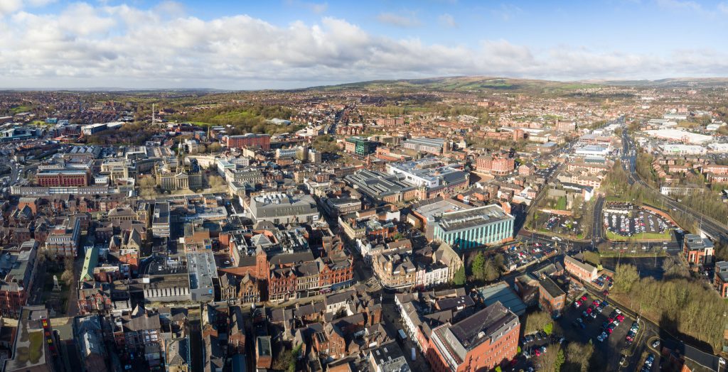 Drone shot of Bolton Town Centre